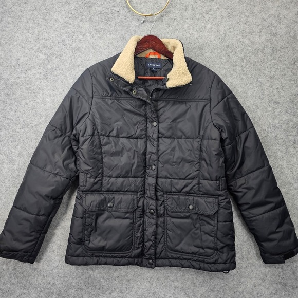 Quilted Barn Jacket Womens S Black LANDS END Sherpa Collar Puffer Utility 20x25 - Picture 1 of 16